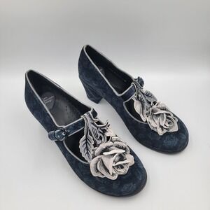 Hot Chocolate Black Tudor Mary Janes Velvet Rose Flower Mid Heels Womens Sz 37/7